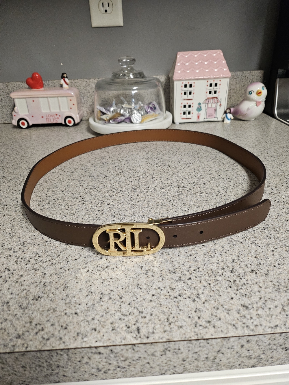 Ralph Lauren Brown Leather Belt with Gold RL Buckle